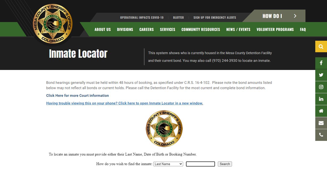 Inmate Locator - Mesa County Sheriff's Office - Mesa County, Colorado